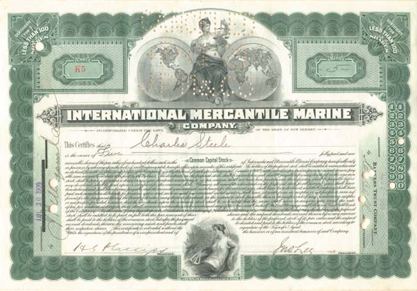 International Mercantile Marine issued to Charles Steele - Co. that Made the Titanic - Stock Certificate